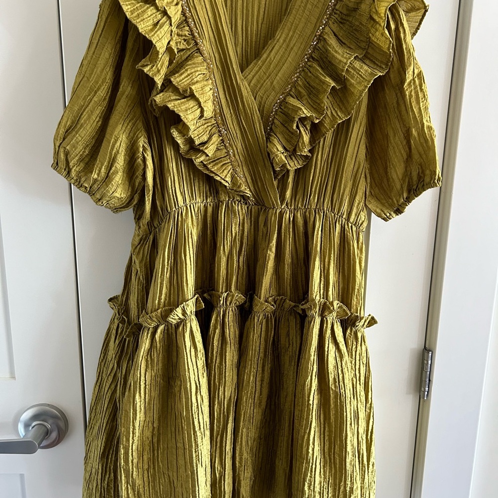 Elegant Olive Beaded Ruffled Dress